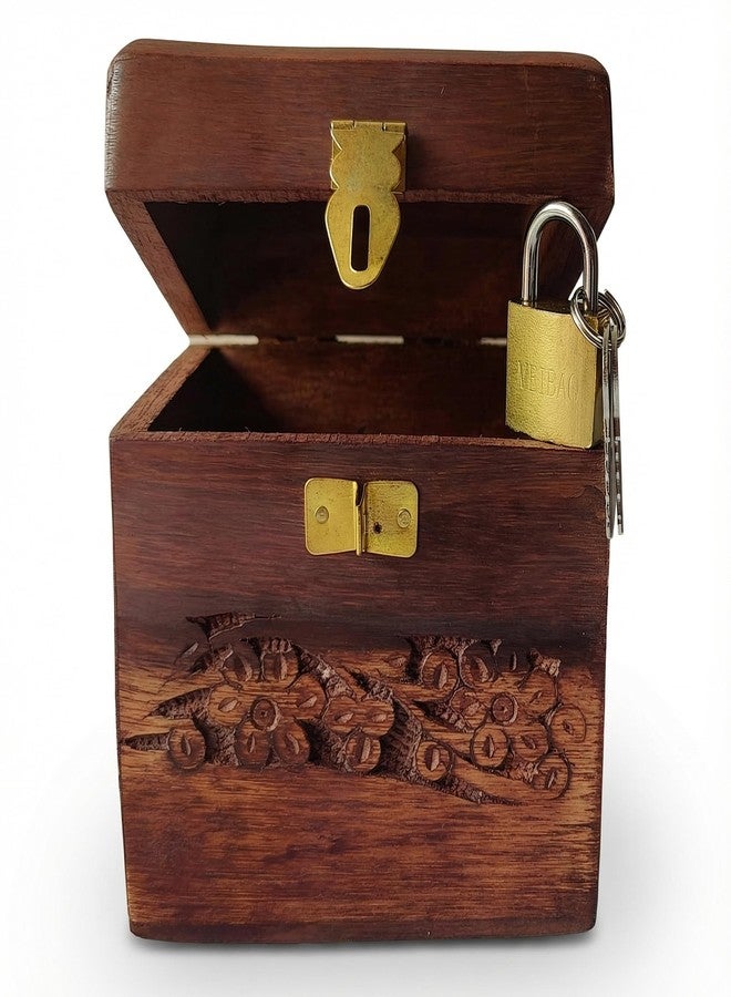 GURU JEE Handcrafted Wooden Money Bank Box Floral Carved Design Piggy Bank Brass Latch with Lock and Key Gifts Showpiece - Image 3